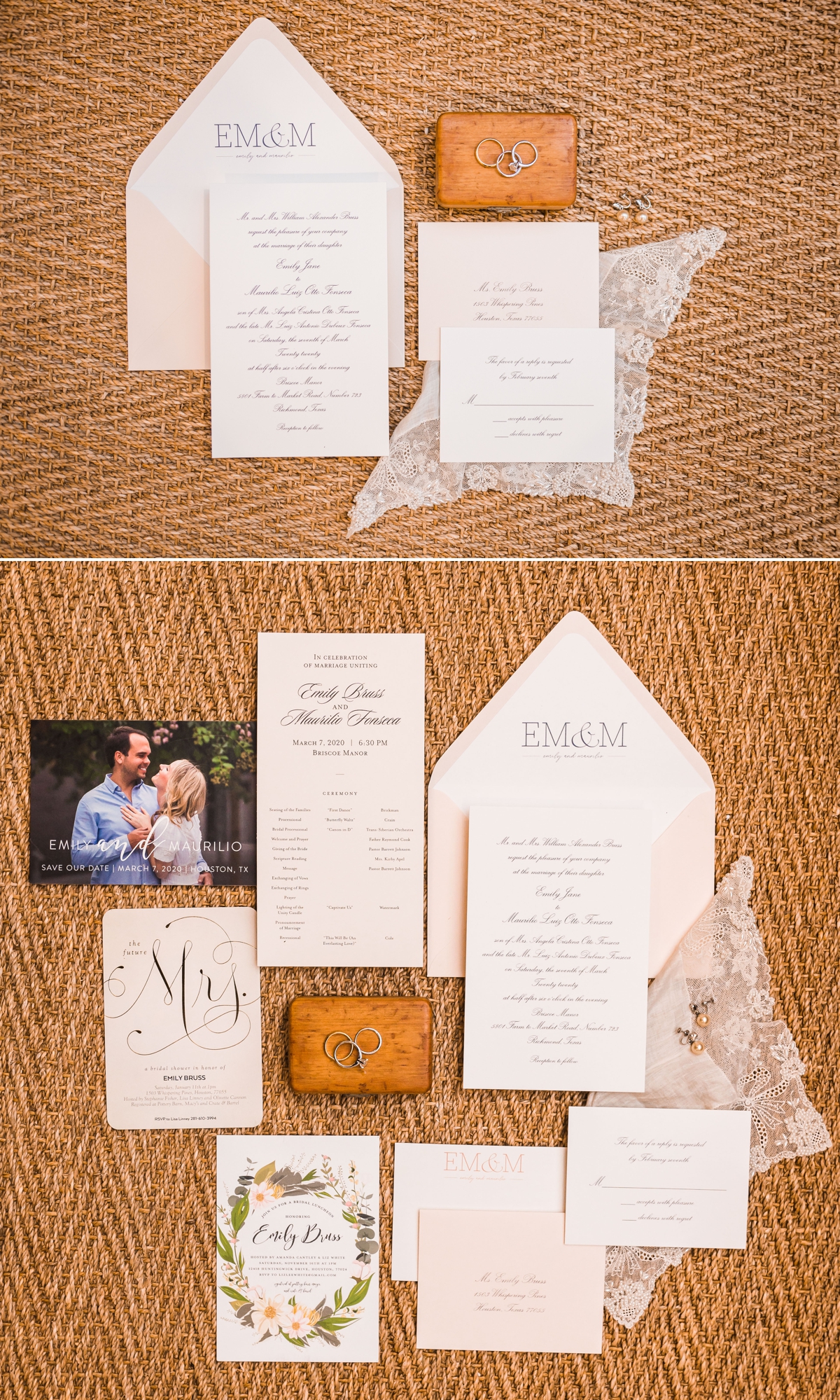 Wedding Invitation Suite Blush and Cream on a Jute Background