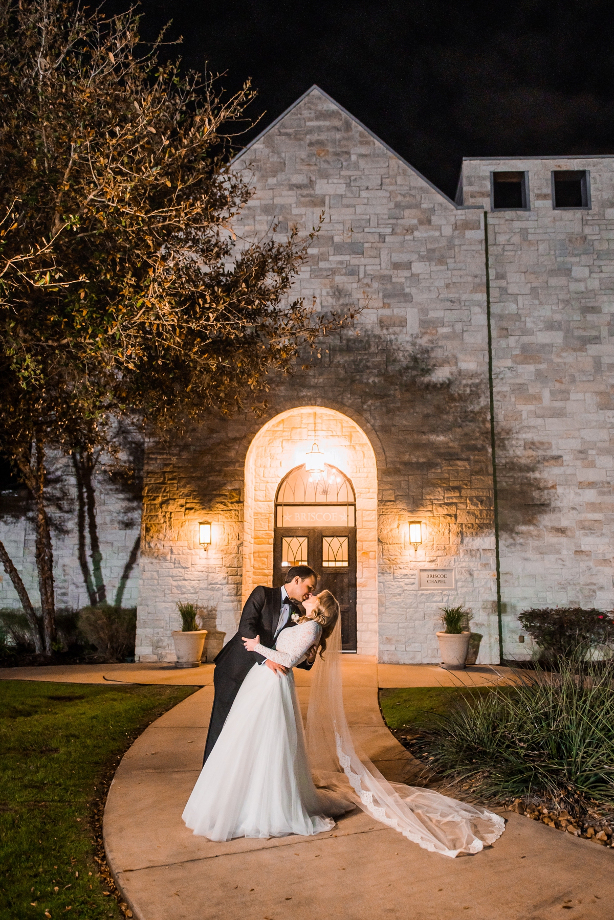 Romantic Night portrait of Bride and Groom at Briscoe Manor Wedding