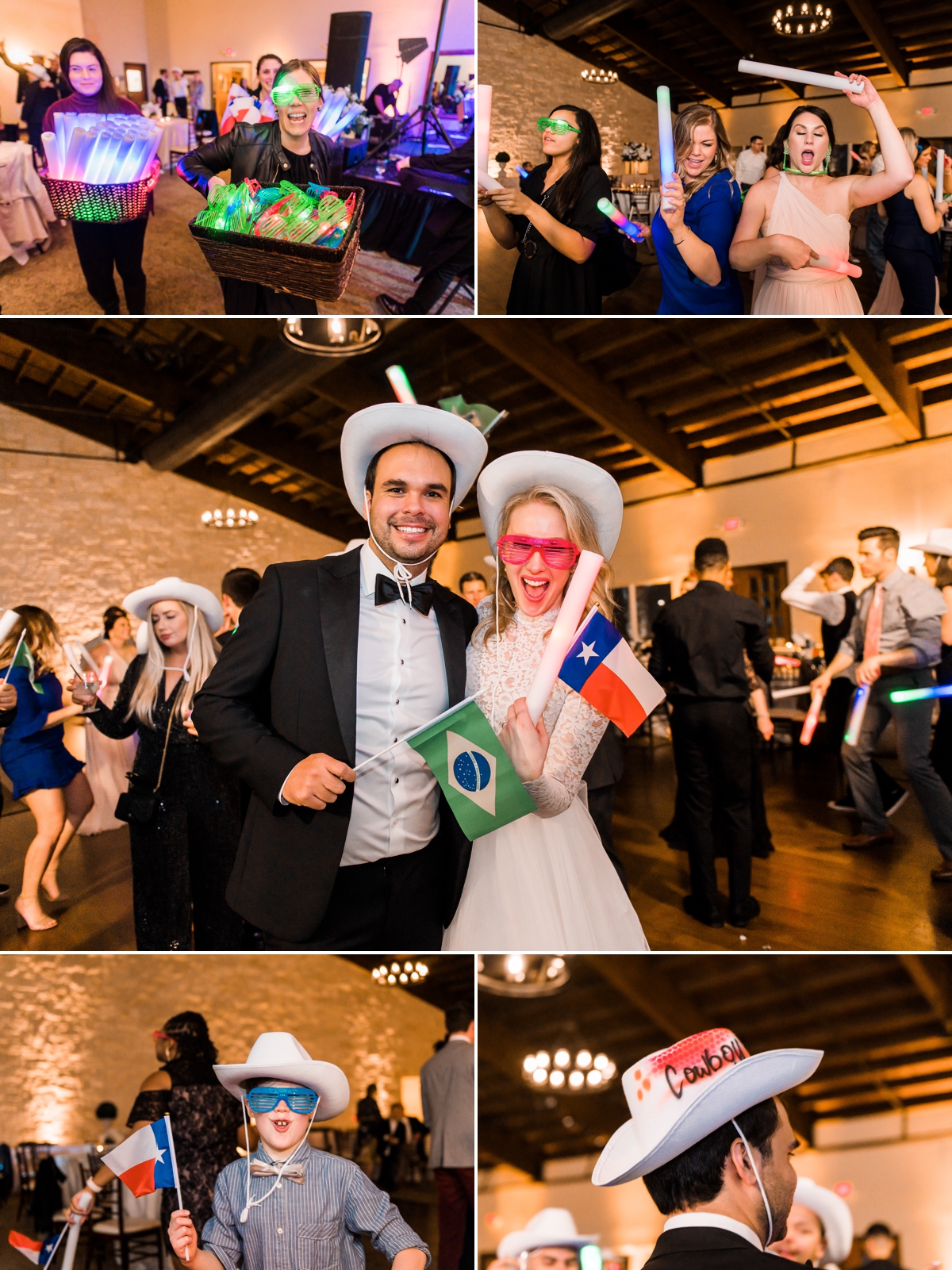 Incorporate your culture with mini flags at your wedding! This Texas meets Brazil wedding had miniature flags of Texas and Brazil along with light up glow sticks and glasses