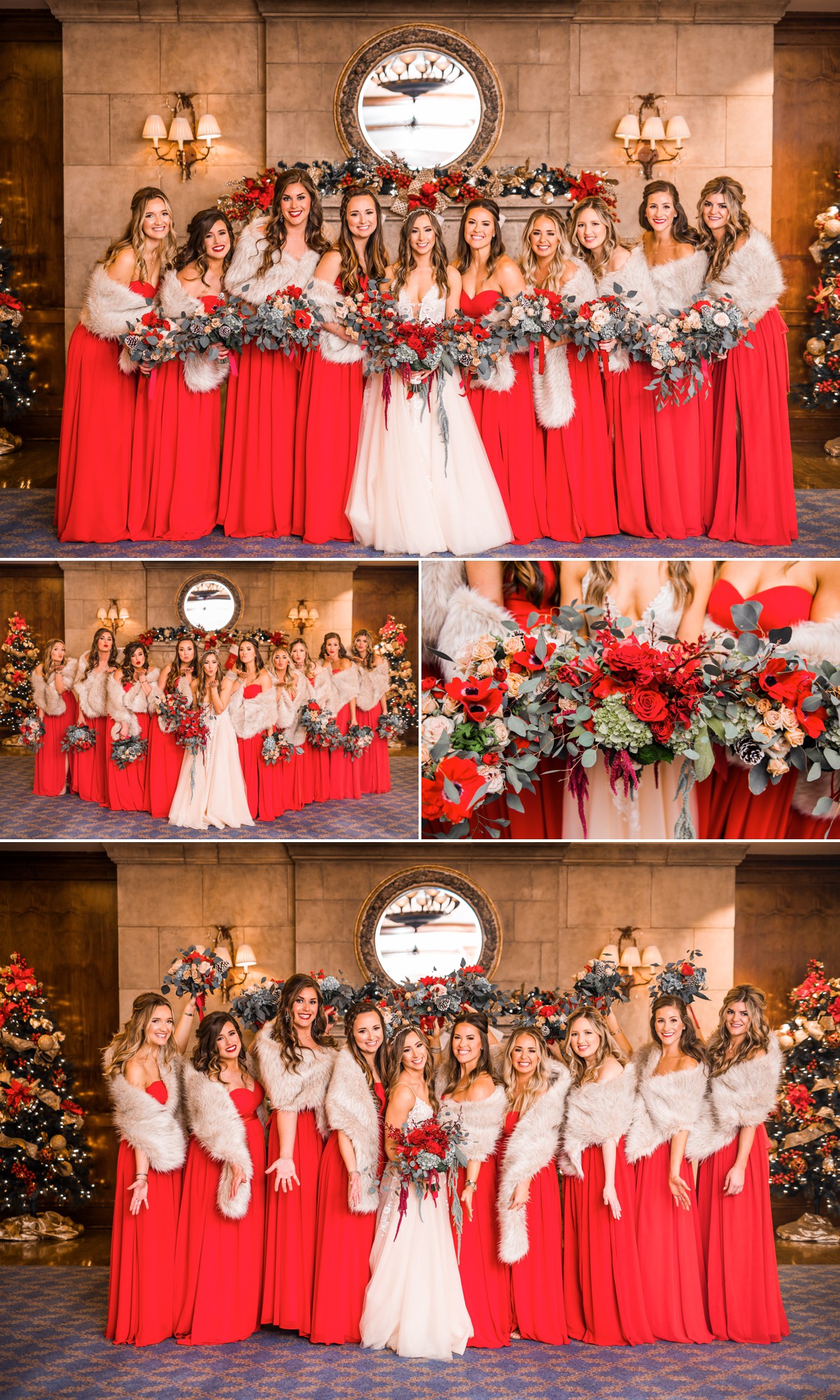 Houstonian Hotel Christmas Wedding Bridesmaids with Red dresses and faux fur shawls