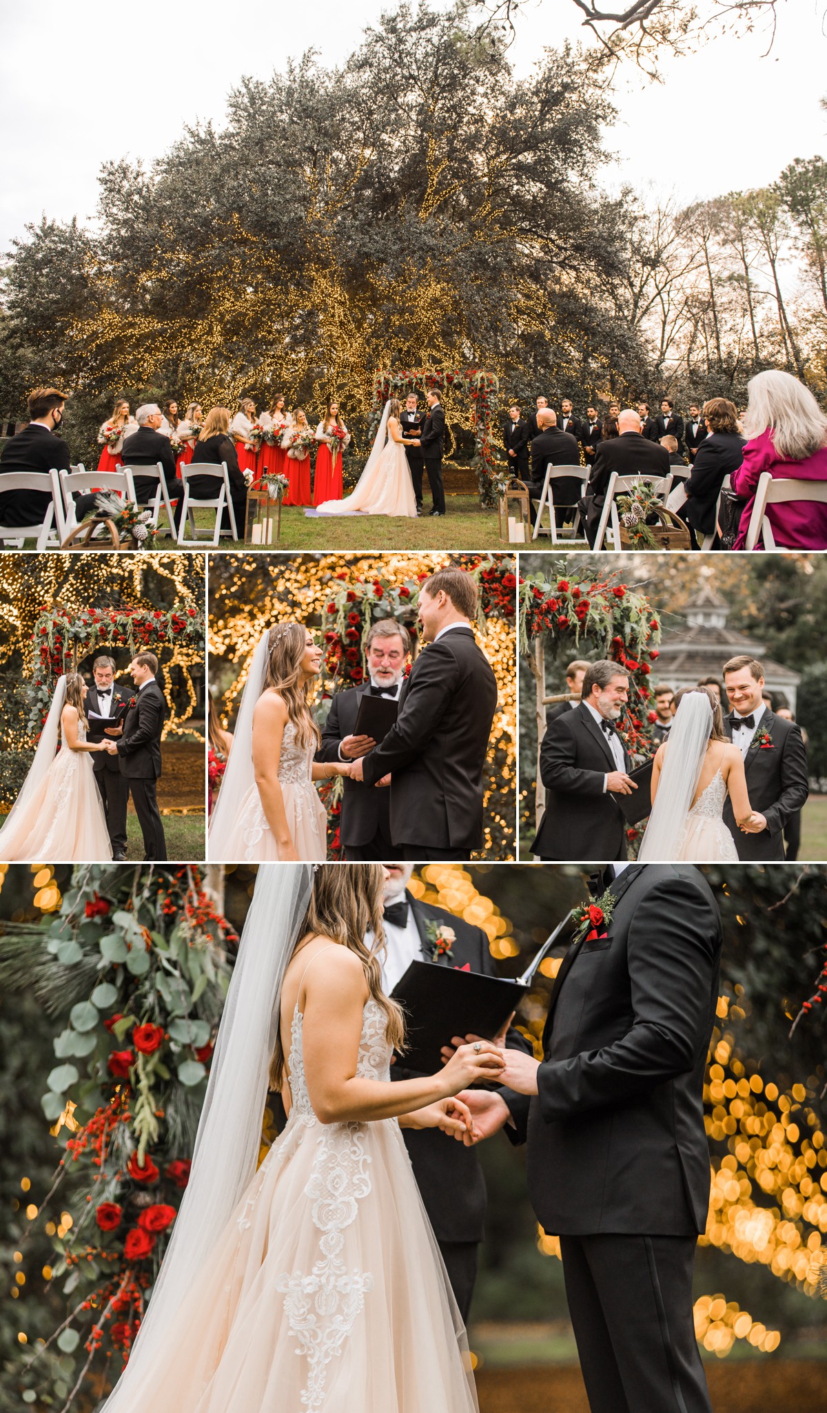 Outdoor Christmas Wedding Ceremony at Houstonian Hotel with lights